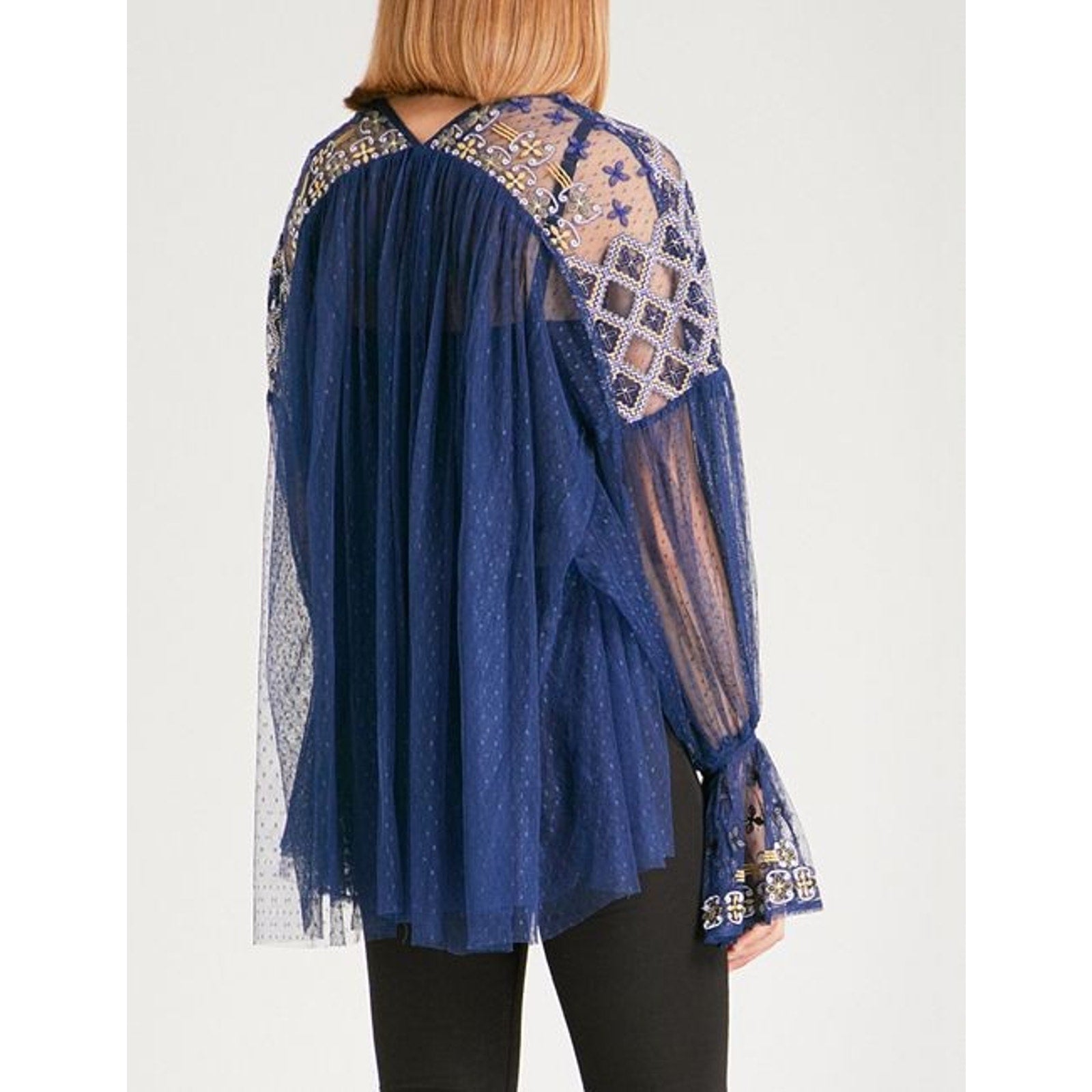 NEW Free People Women's $148 Blue Joyride Long-Sleeve Top Sz M Embroidered Boho