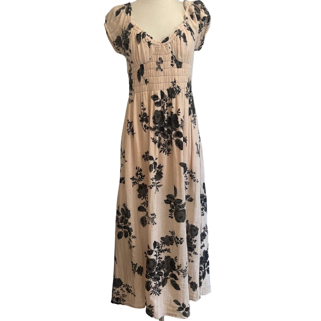 New Free People Forget Me Not Boho Floral Smocked Midi Dress $128 Small Peach