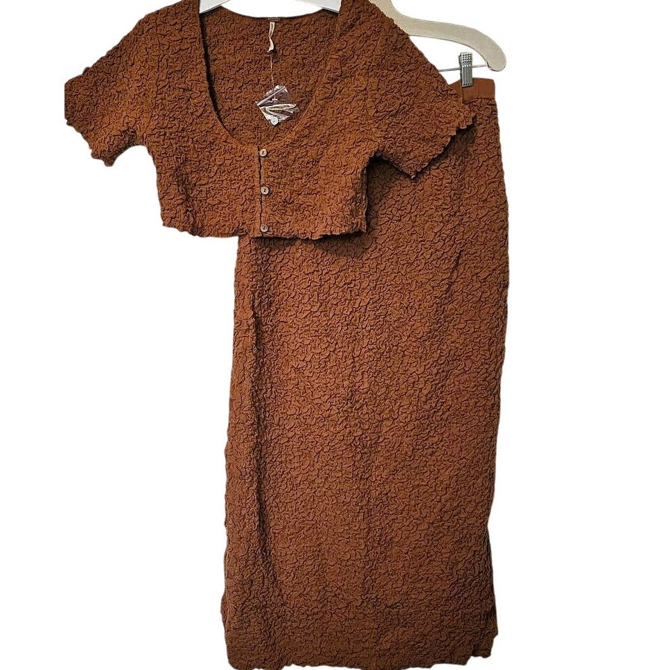 New Free People Double The Fun Button Cardi Midi Skirt Set $128 Medium Sienna