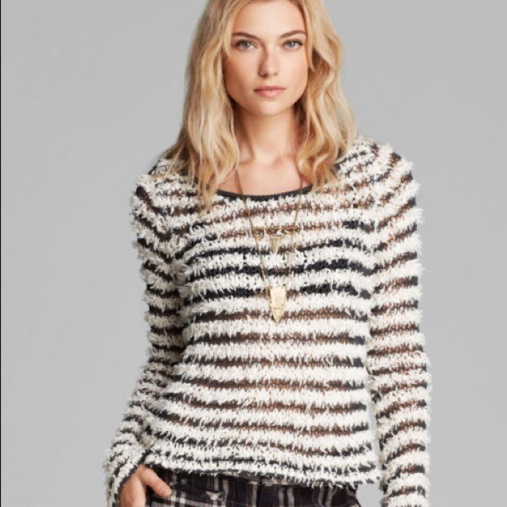 Free People Sweater Ivory Combo Downy Stripe Pullover Shag Size XS