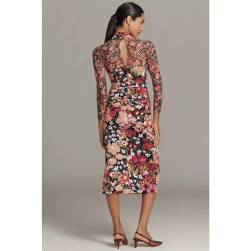 Anthropologie Long-Sleeve Halter Mesh Midi Dress SMALL Multi Floral Anthropologie