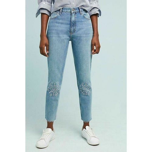 Ultra high-rise slim jeans in light blue wash with embroidered lower-leg accents