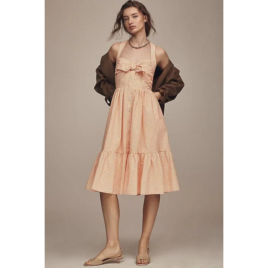 ANTHROPOLOGIE Maeve Halter Bow-Front Midi Dress SMALL Yellow Gingham Anthropologie