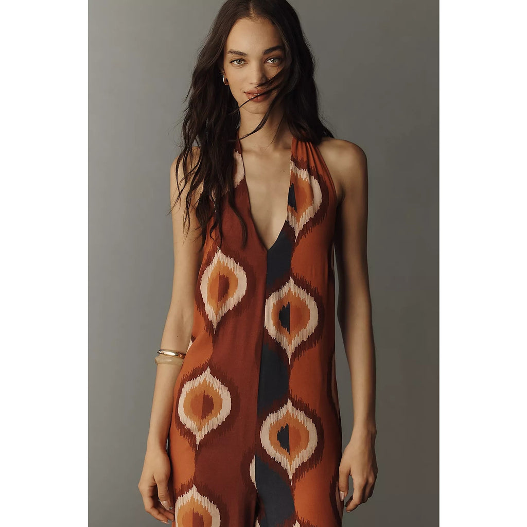 Halter-neck V-neck jumpsuit in rust brown with cream and orange ring motif