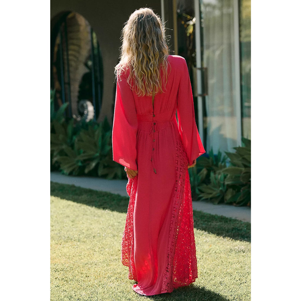 FREE PEOPLE Free-est Hazel Maxi Dress SMALL Tart Berry/Pink Lace Free People