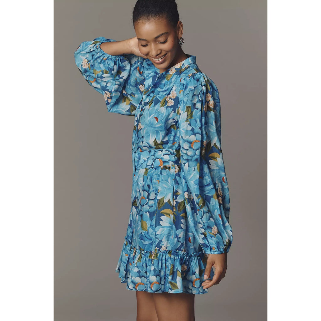 Farm Rio x Anthropologie Long-Sleeve Mini Swing Dress X-SMALL Blue FARM Rio