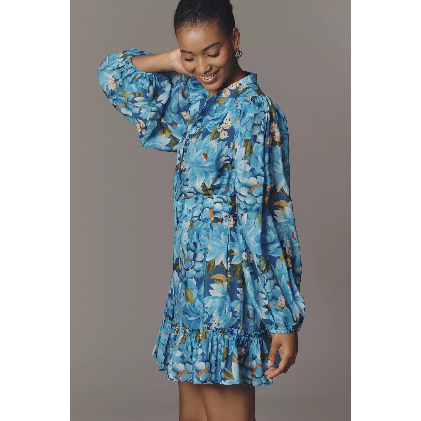 Farm Rio x Anthropologie Long-Sleeve Mini Swing Dress X-SMALL Blue FARM Rio