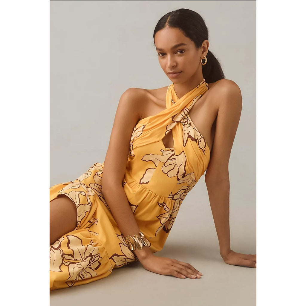Anthropologie Hutch Floral Halter Maxi Dress $298 SIZE 8 Maize