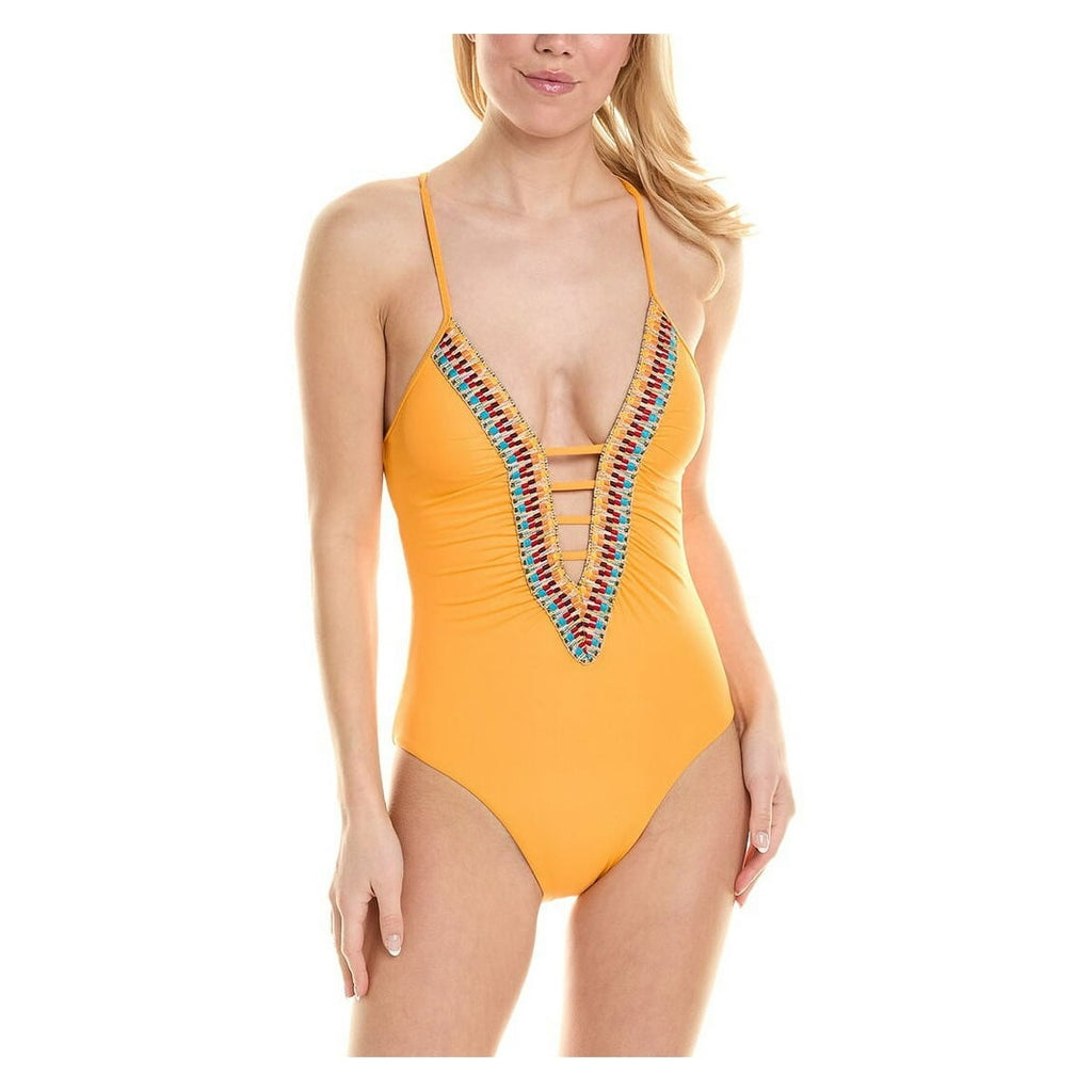 BECCA Orange Fiesta Clare Plunge One-Piece Swimsuit LARGE Orange Boho Becca by Rebecca Virtue