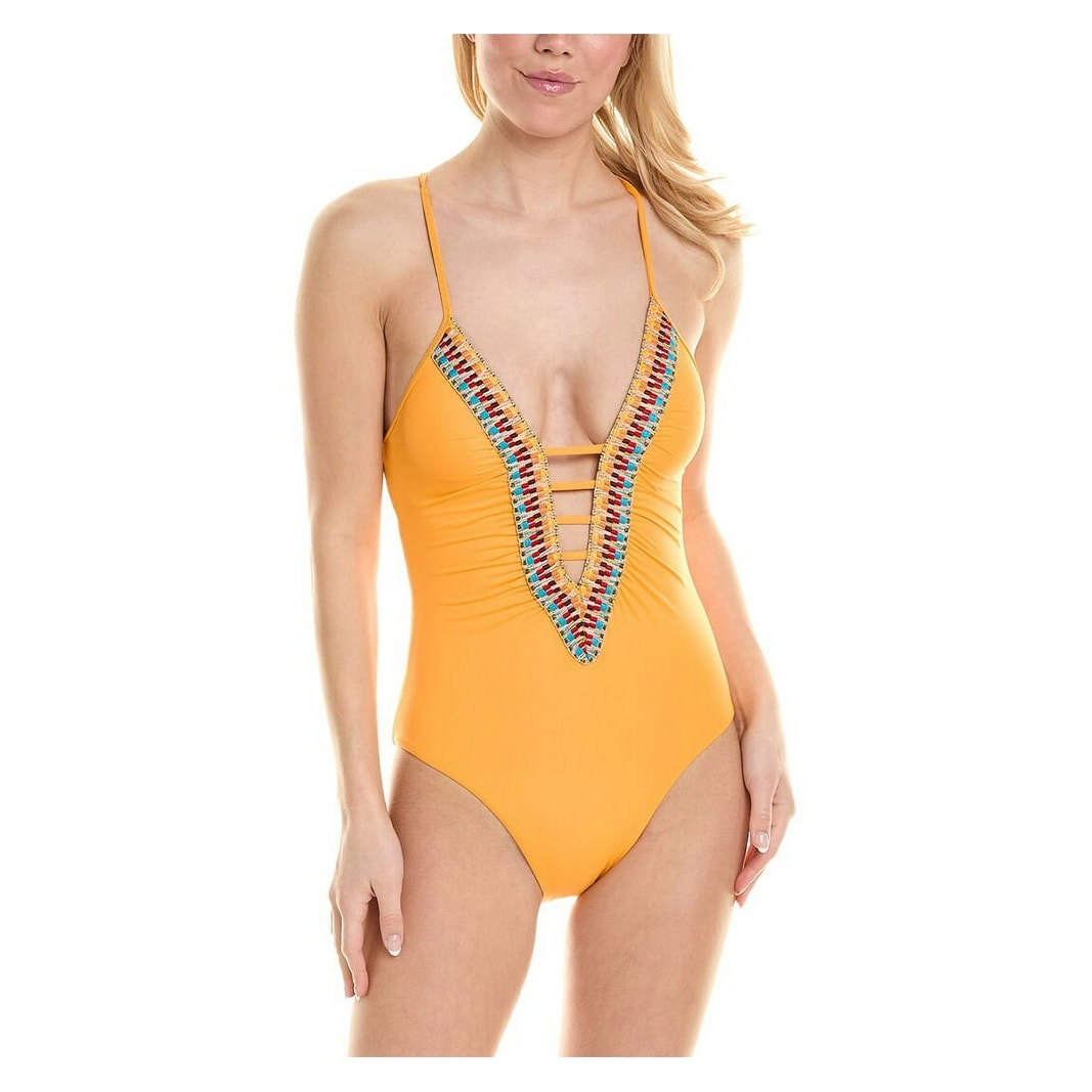 BECCA Orange Fiesta Clare Plunge One-Piece Swimsuit LARGE Orange Boho Becca by Rebecca Virtue
