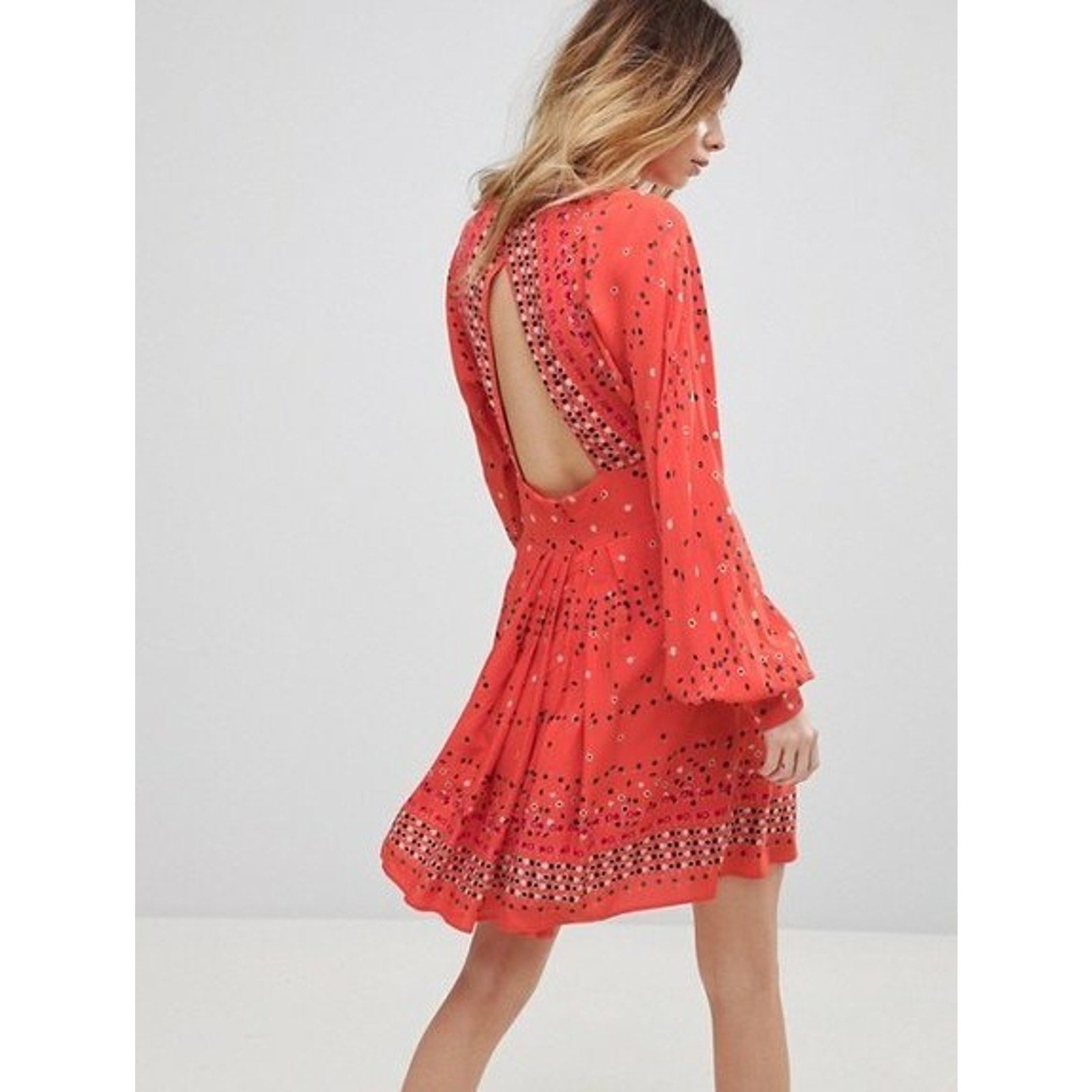 New Free People Coryn Boho Mini Dress Red Combo Size 2 Long Sleeve