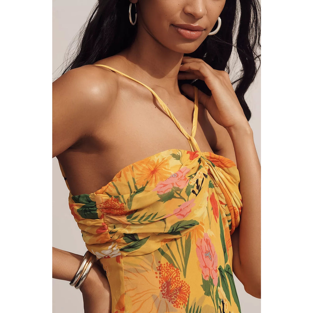 By Anthropologie Halter Slip Midi Dress SMALL Yellow Floral Motif Anthropologie