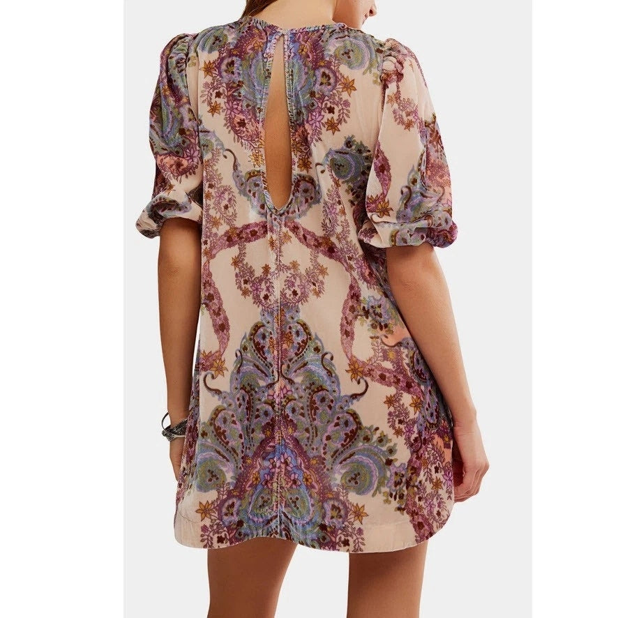 Free People Maye Printed Velvet Tunic Mini Dress X-SMALL Oversized Top Free People