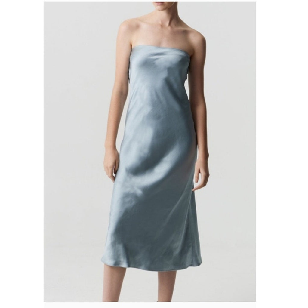 New FREE PEOPLE Third Form Satin Tie Back Strapless Dress $280 SIZE 10 Blue Midi