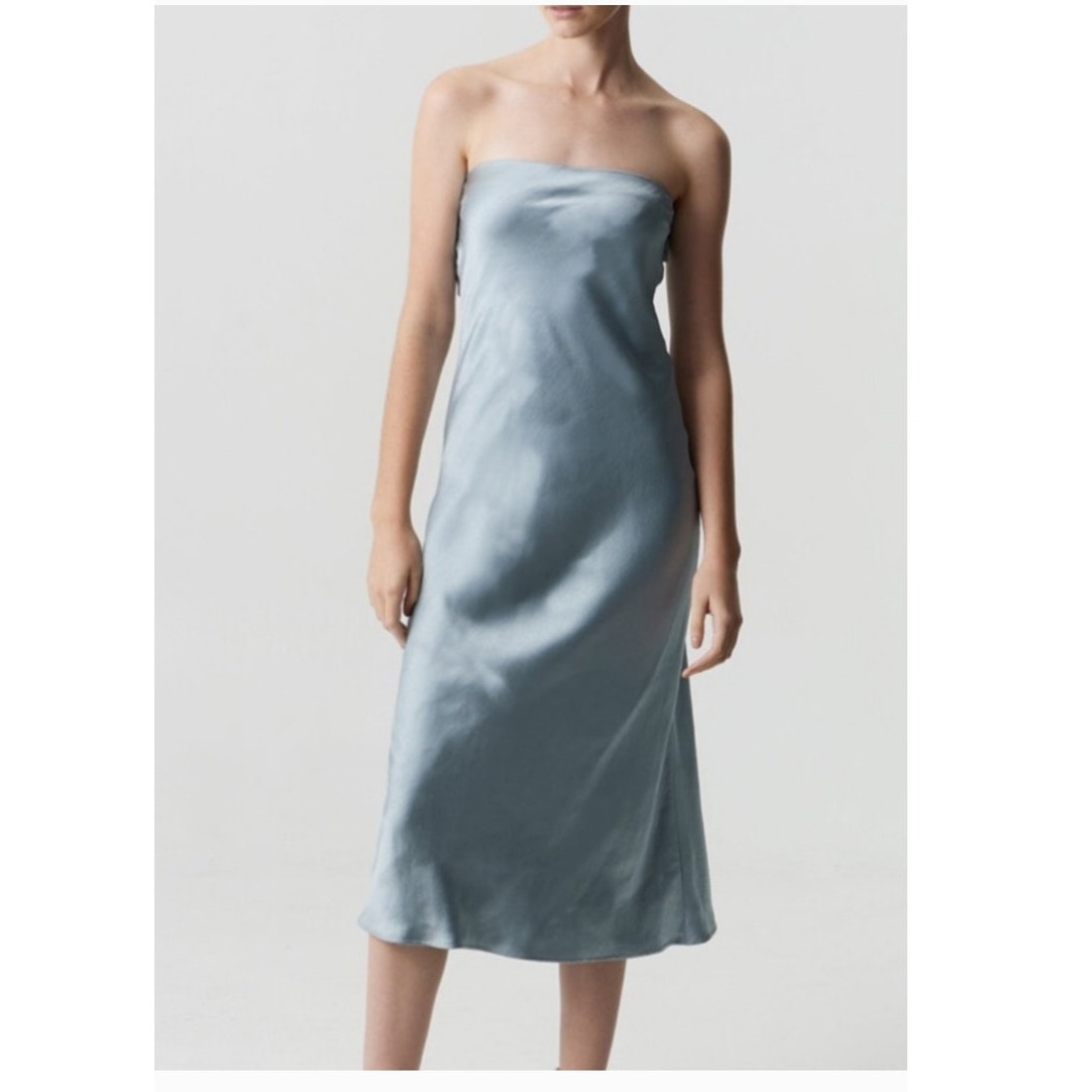 New FREE PEOPLE Third Form Satin Tie Back Strapless Dress $280 SIZE 10 Blue Midi