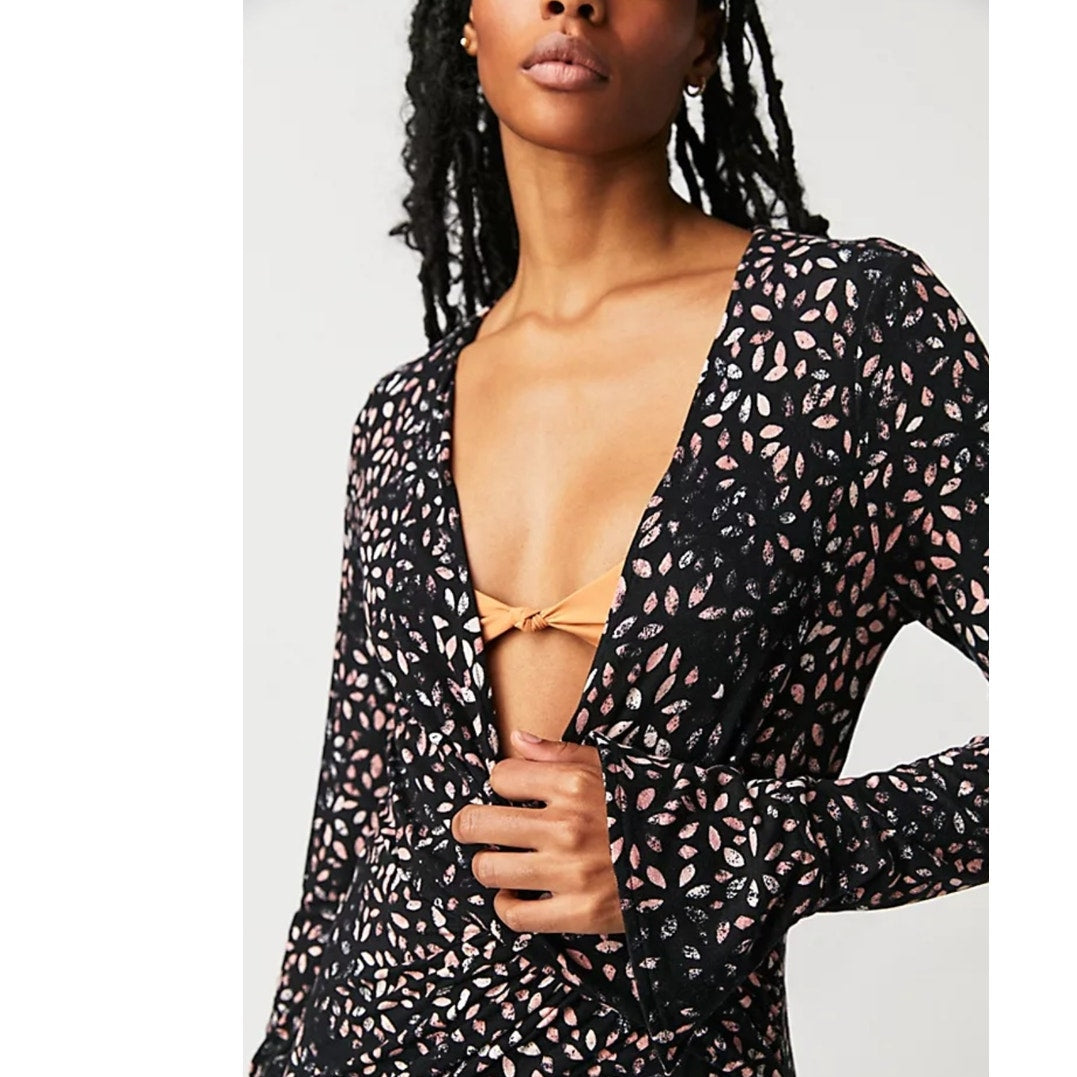 New Free People Shayla Wrap Midi Dress $128 MEDIUM Black Combo