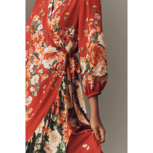 Anthropologie Farm Rio Long-Sleeve Floral Wrap Midi Dress X-SMALL Red FARM Rio