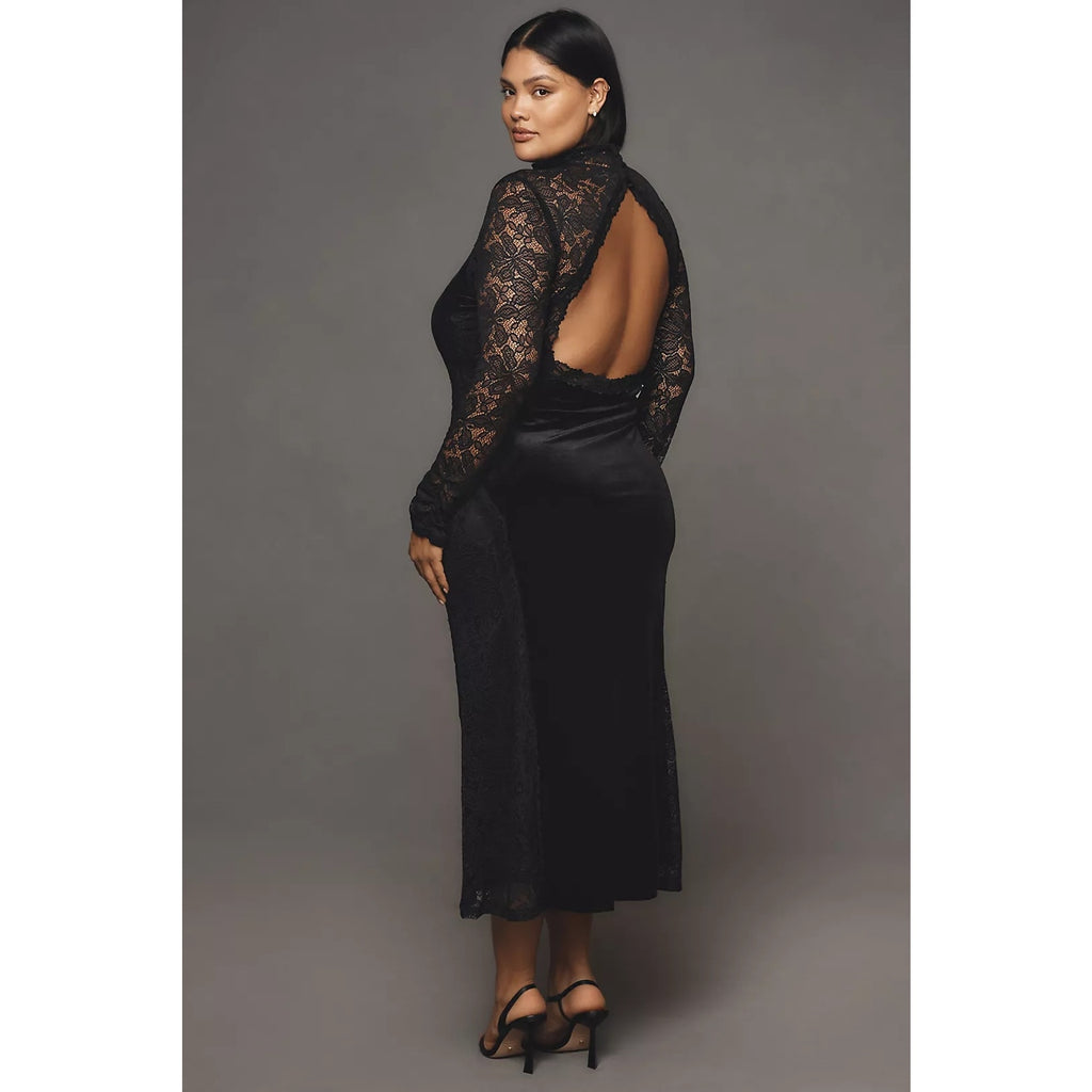 Anthropologie Long-Sleeve Mock-Neck Lace Velvet Slip Midi Dress $170 SMALL