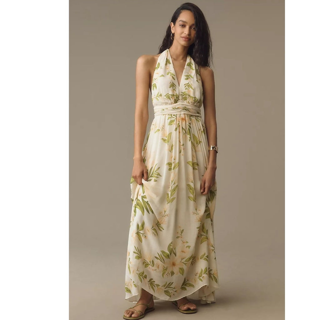 New Farm Rio x Anthropologie V-Neck Floral Chiffon Maxi Dress $258 SMALL Halter