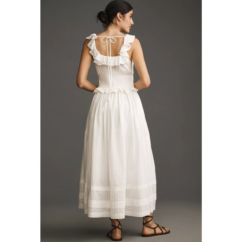 Anthropologie Pilcro Ruffled Smocked-Waist Button-Front Midi Dress L White Anthropologie