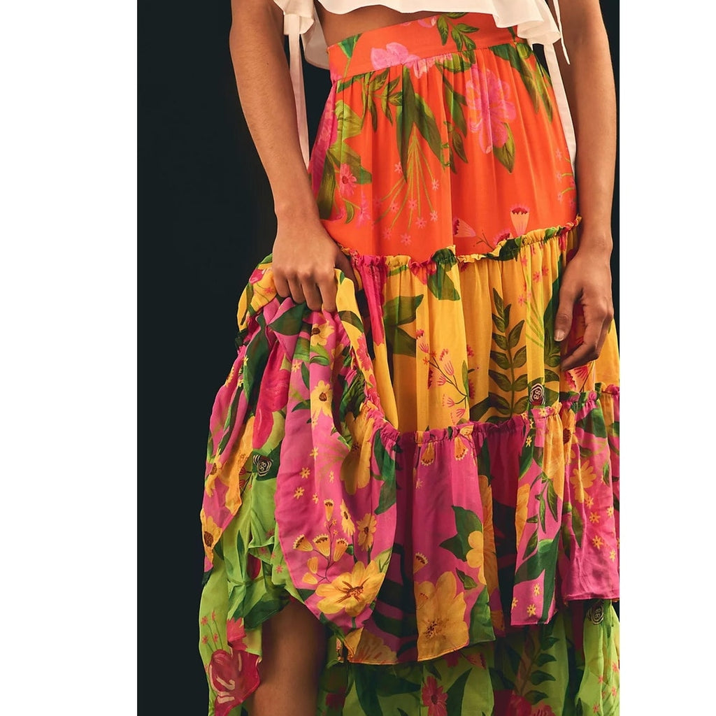 New Anthropologie Farm Rio Romantic Garden Tiered Skirt  $220 XXS Yellow Motif