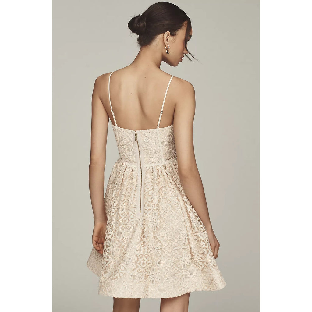 Anthropologie Lace Basque-Waist Mini Dress SZ 14P Tan Anthropologie