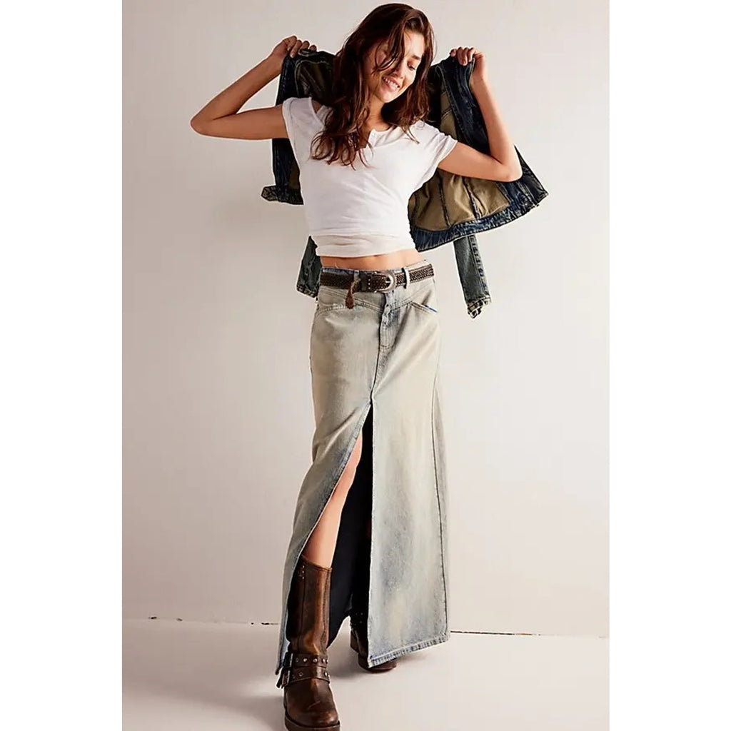 New FREE PEOPLE We The Free Come As You Are Denim Maxi Skirt $118 SIZE 4 Neptune