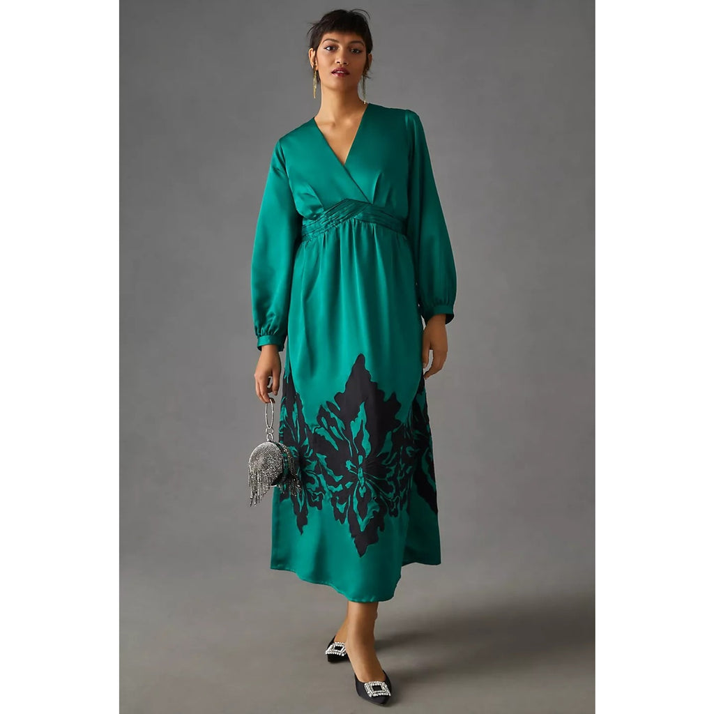 New Anthropologie Nikasha Embroidered Satin Dress $260 XXS Green