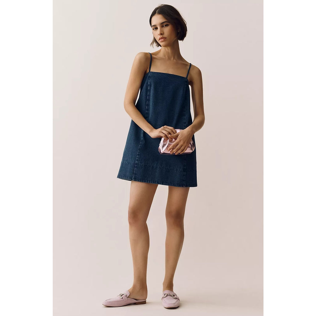 New Anthropologie Mare Mare Cotton Denim Square-Neck Mini Dress $148 L/XL Blue Anthropologie