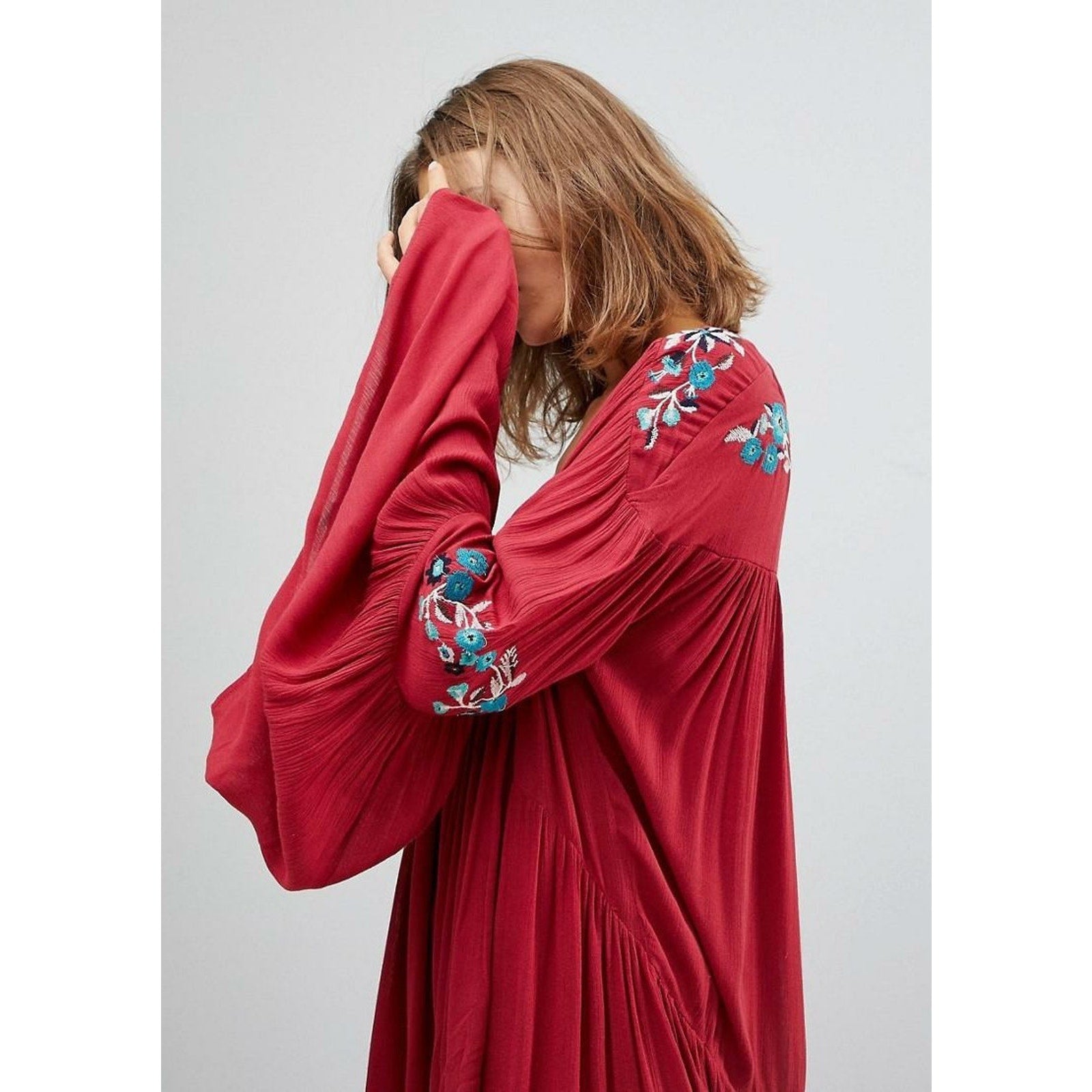 New Free People Te Amo Floral Embroidered Boho Mini Dress $148 Red XS V-neck