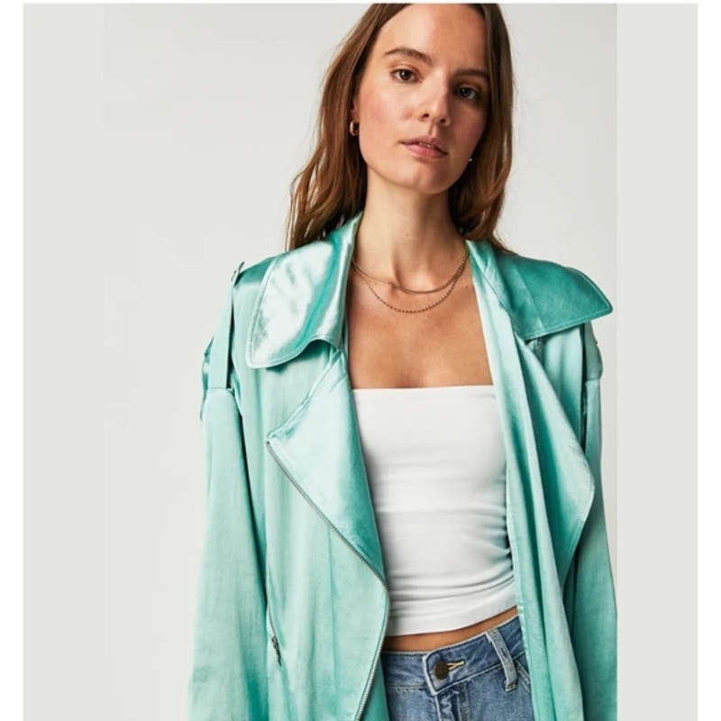 New Brenda Knight x Free People Turquoise Satin Moto Trench Coat $428 Size Small