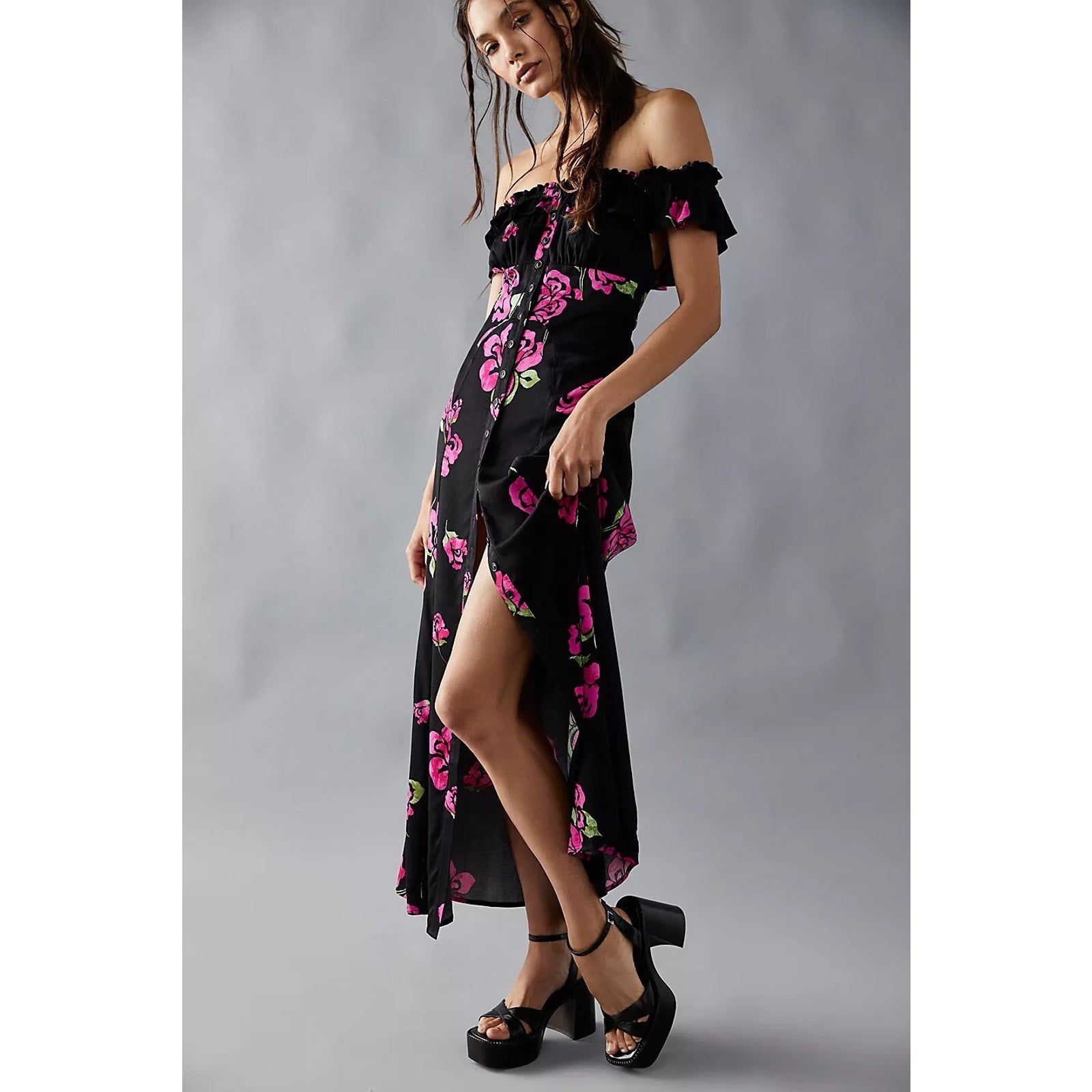 New Free People She's A Dream Maxi Dress Off The Shoulder Floral Black Pink S