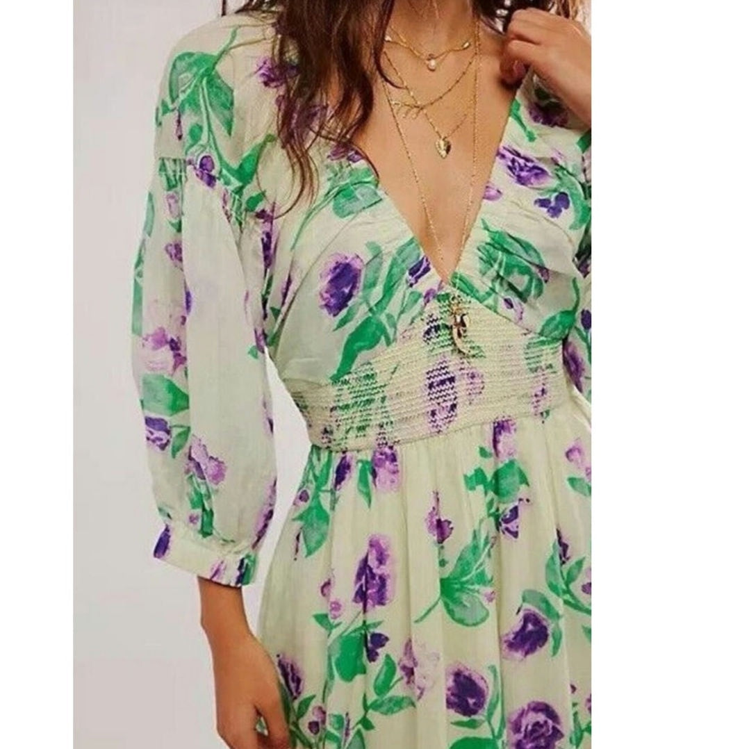 New Free People Golden Hour Floral Maxi Dress $168  X-SMALL Purple Green Boho