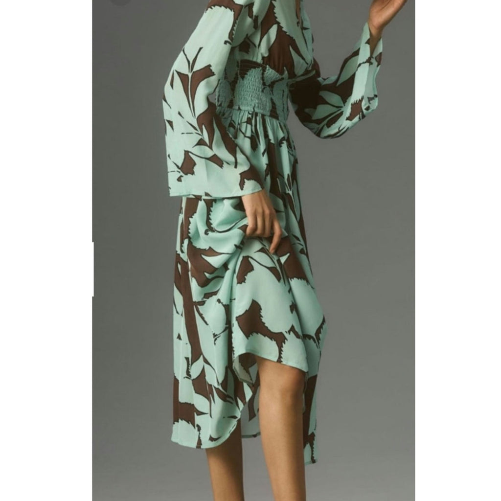 New Anthropologie DHRUV KAPOOR Long Sleeve V-Neck Maxi Dress $248 X-SMALL Brown