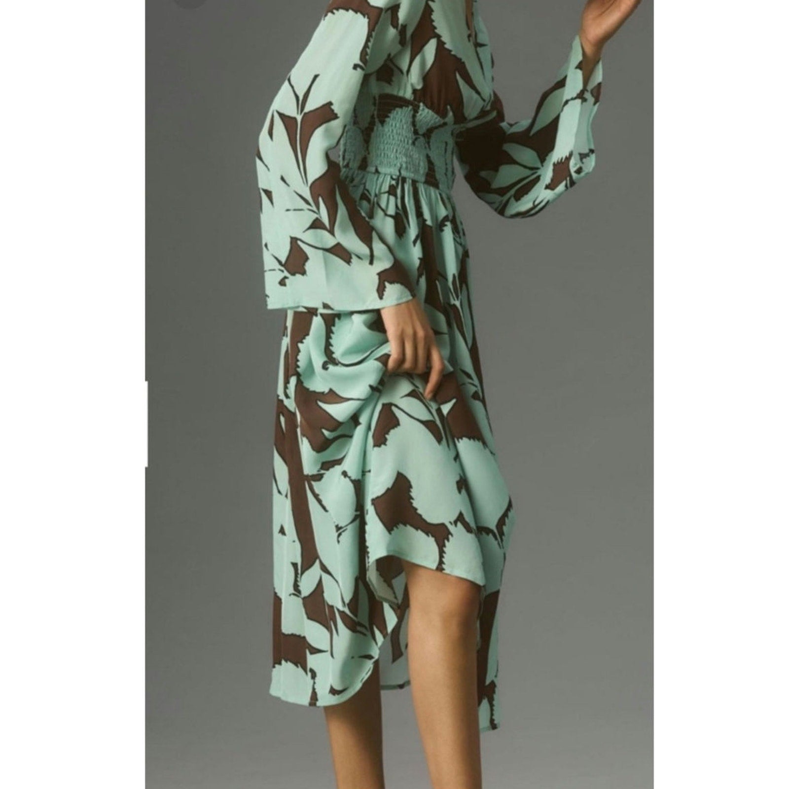 New Anthropologie DHRUV KAPOOR Long Sleeve V-Neck Maxi Dress $248 X-SMALL Brown