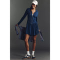 Navy long-sleeve mini dress with a zip front, fitted bodice, and gathered skirt