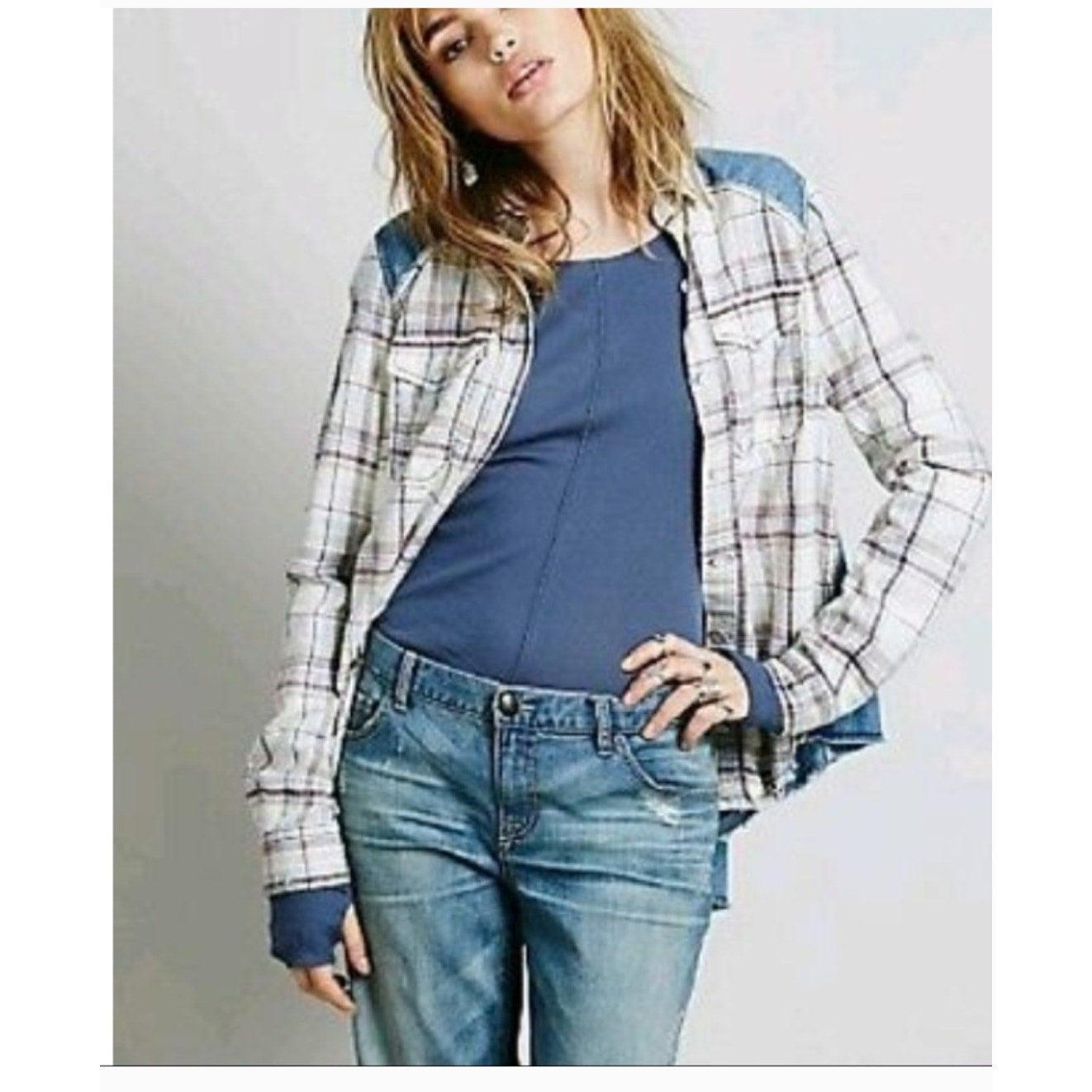 Free People Roadtrip Getaway Flannel Button Shirt $128 MEDIUM Swan BLUE
