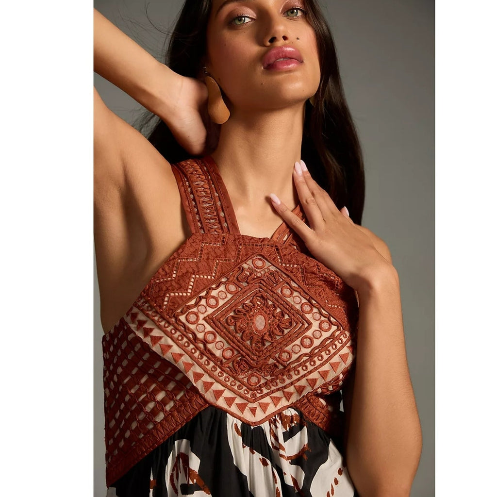 New By Anthropologie Deco Printed Halter Dress $248 SIZE 6 Black & Brown Motif