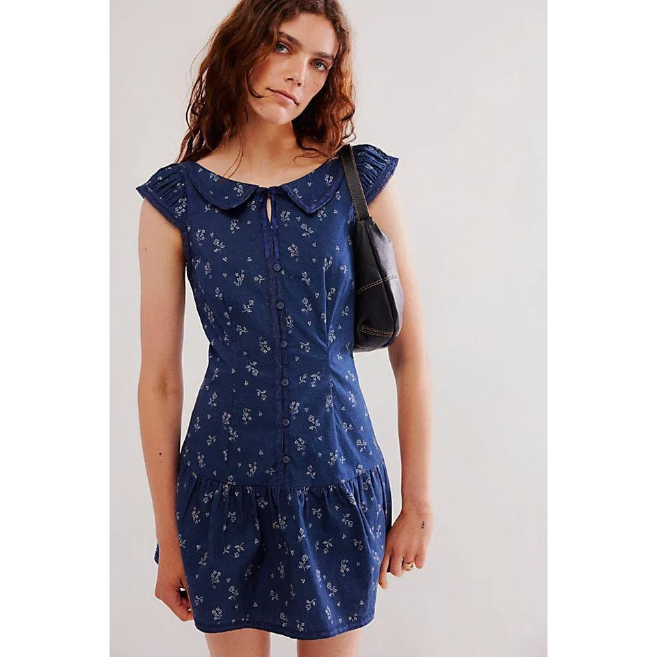 FREE PEOPLE Beasley Floral Mini Dress $148 LARGE Navy