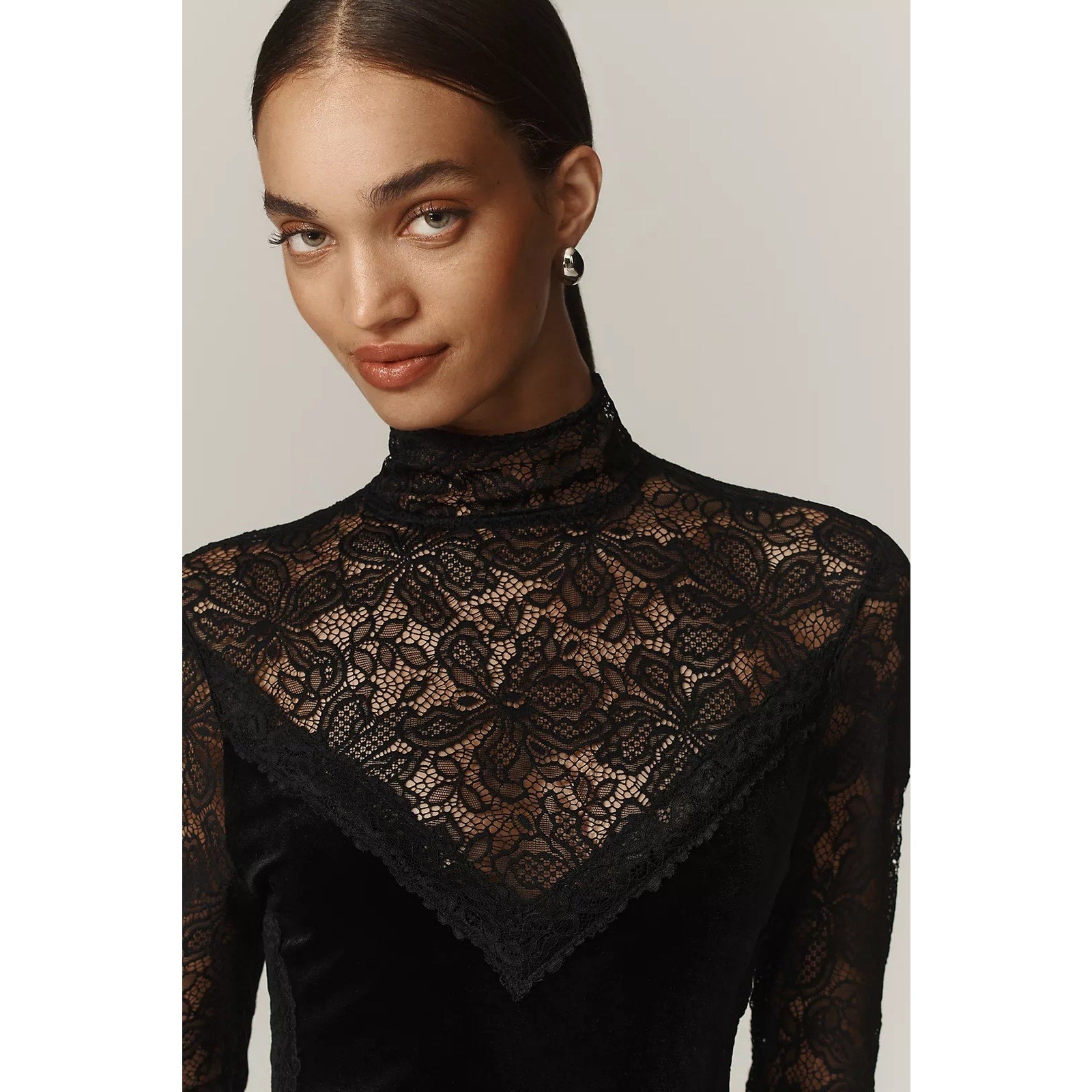 Anthropologie Long-Sleeve Mock-Neck Lace Velvet Slip Midi Dress $170 SMALL