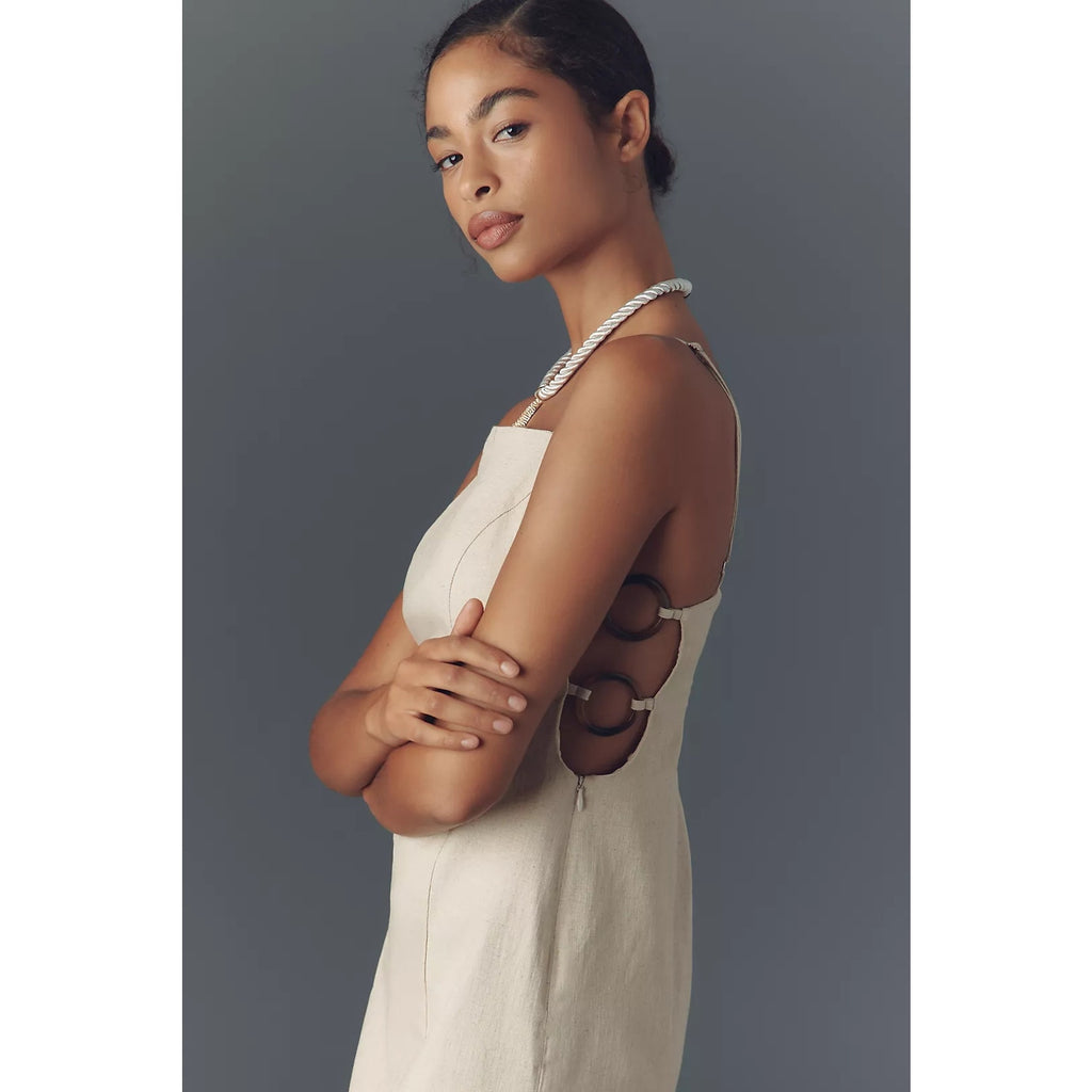 By Anthropologie Smocked Linen Blend Mini Dress MEDIUM Tan Anthropologie