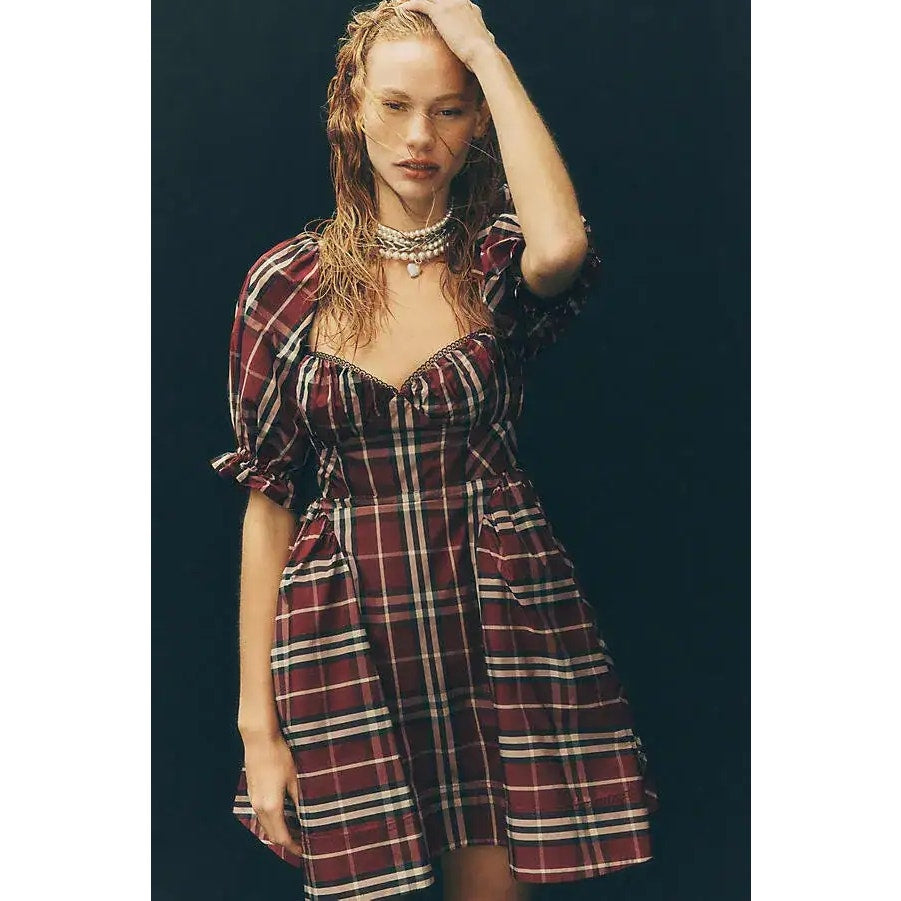 Plaid mini dress with square neckline and puff sleeves, red and cream check pattern