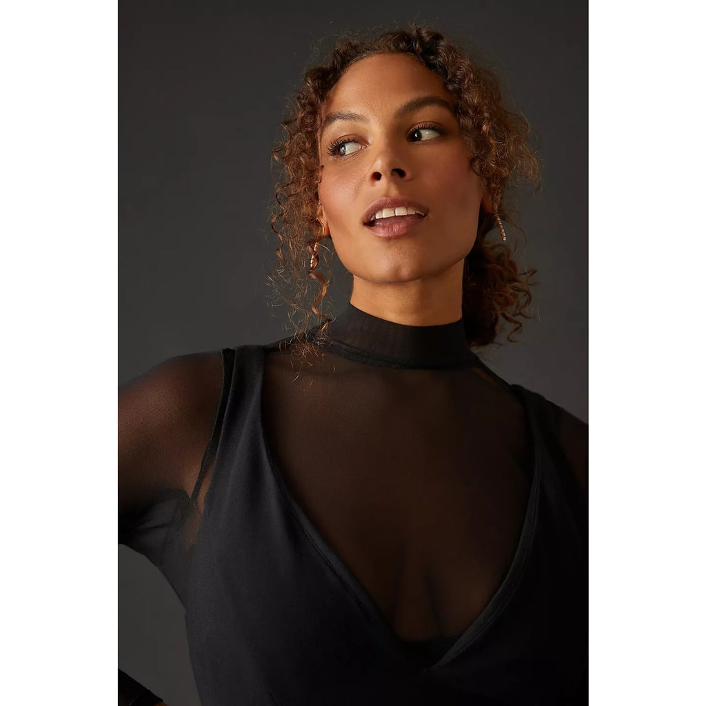 New Anthropologie Maeve Layered Sheer Stretch Mini Dress $160 SMALL Black