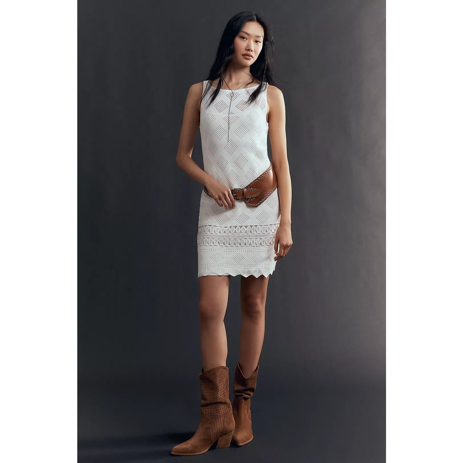Anthropologie Sleeveless Crochet Boat-Neck Mini Shift Dress LARGE White Anthropologie