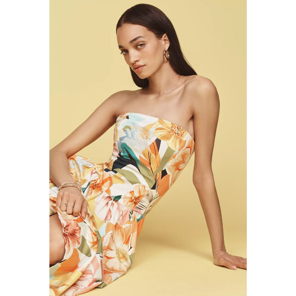 Anthropologie Drop-Waist Midi Dress Size Large Yellow Floral Anthropologie