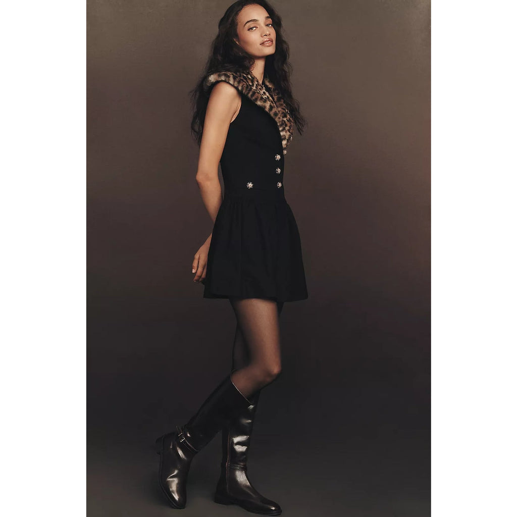 Black faux fur collar mini dress with leopard trim, sleeveless and button detail