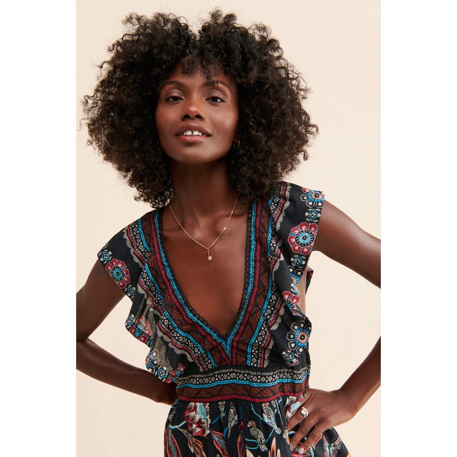 Anthropologie V-Neck Plunge Tunic Mini Dress $148 SMALL Animal Geo Black
