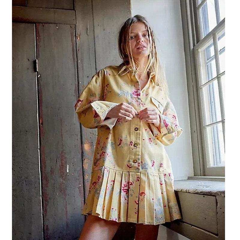 New Free People Connor Floral Printed Mini Dress $168 X-SMALL Yellow Boho Button