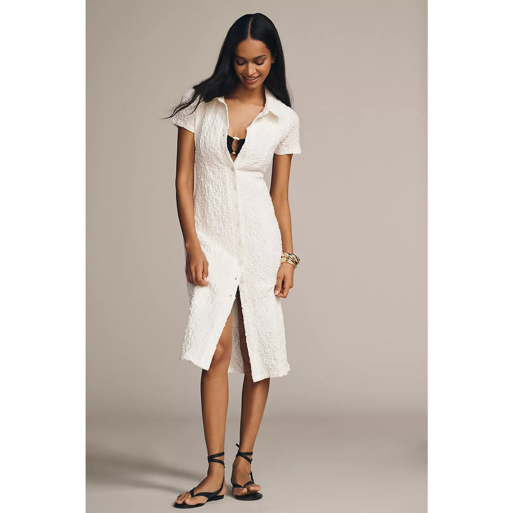 Anthropologie Short-Sleeve Collared Textured Midi Shirt Dress 1X White Anthropologie