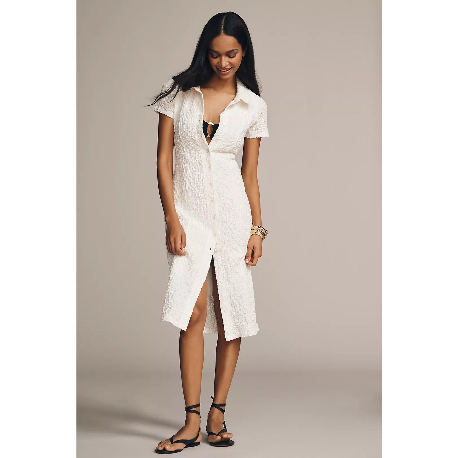 Anthropologie Short-Sleeve Collared Textured Midi Shirt Dress 1X White Anthropologie